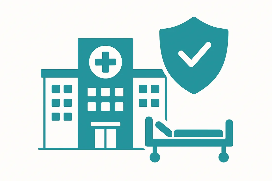 Ilustração de cobertura hospitalar: hospital com escudo de proteção e leito de internação